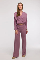 Ensemble coordonné pour femmes haut cache-cœur manches longues pantalon large taille haute couleur mauve tendre