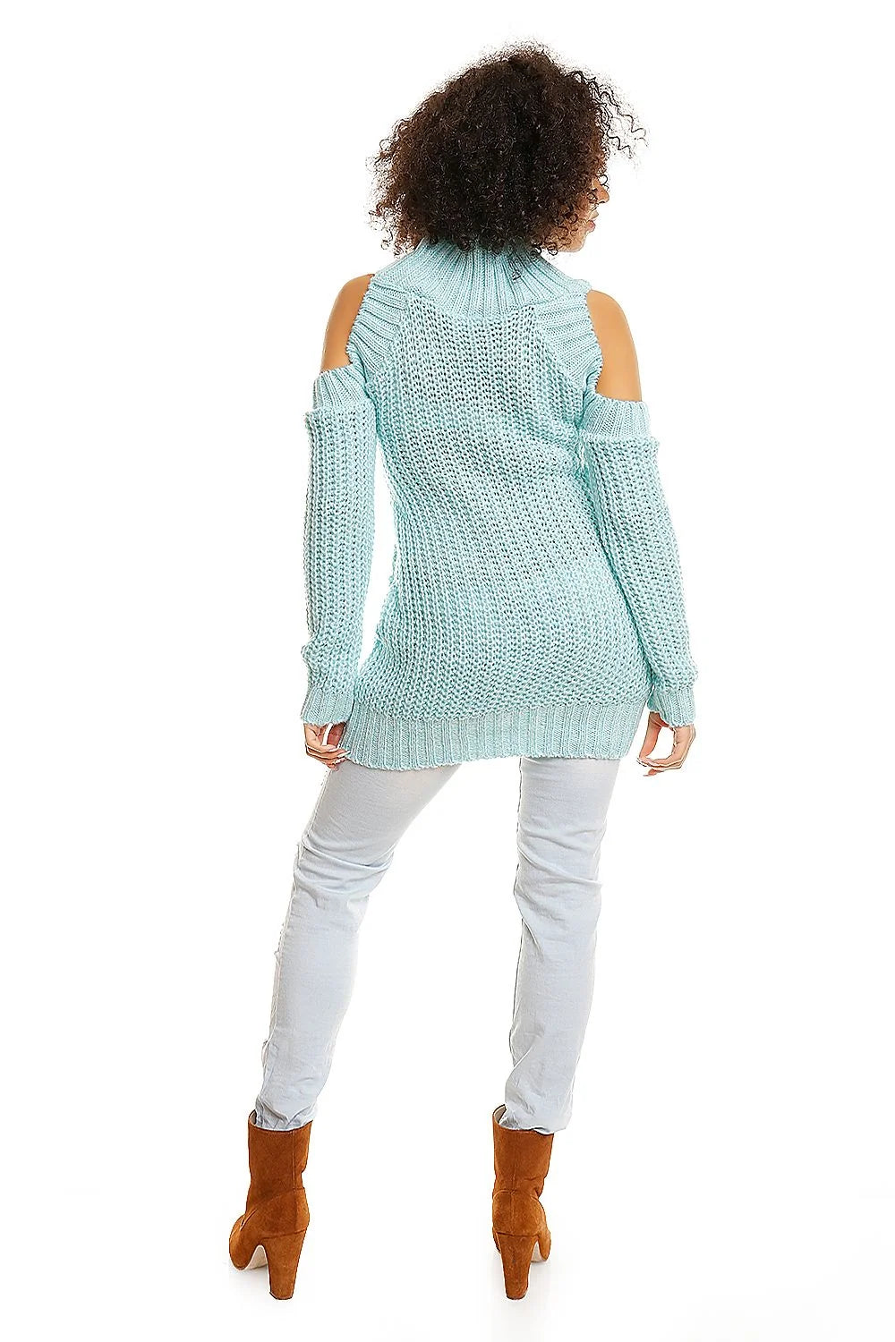 Pull Maille Bleu Clair Épaules Dénudées Chic Confortable Pour Femmes Tendance Hiver Mode Décontractée
