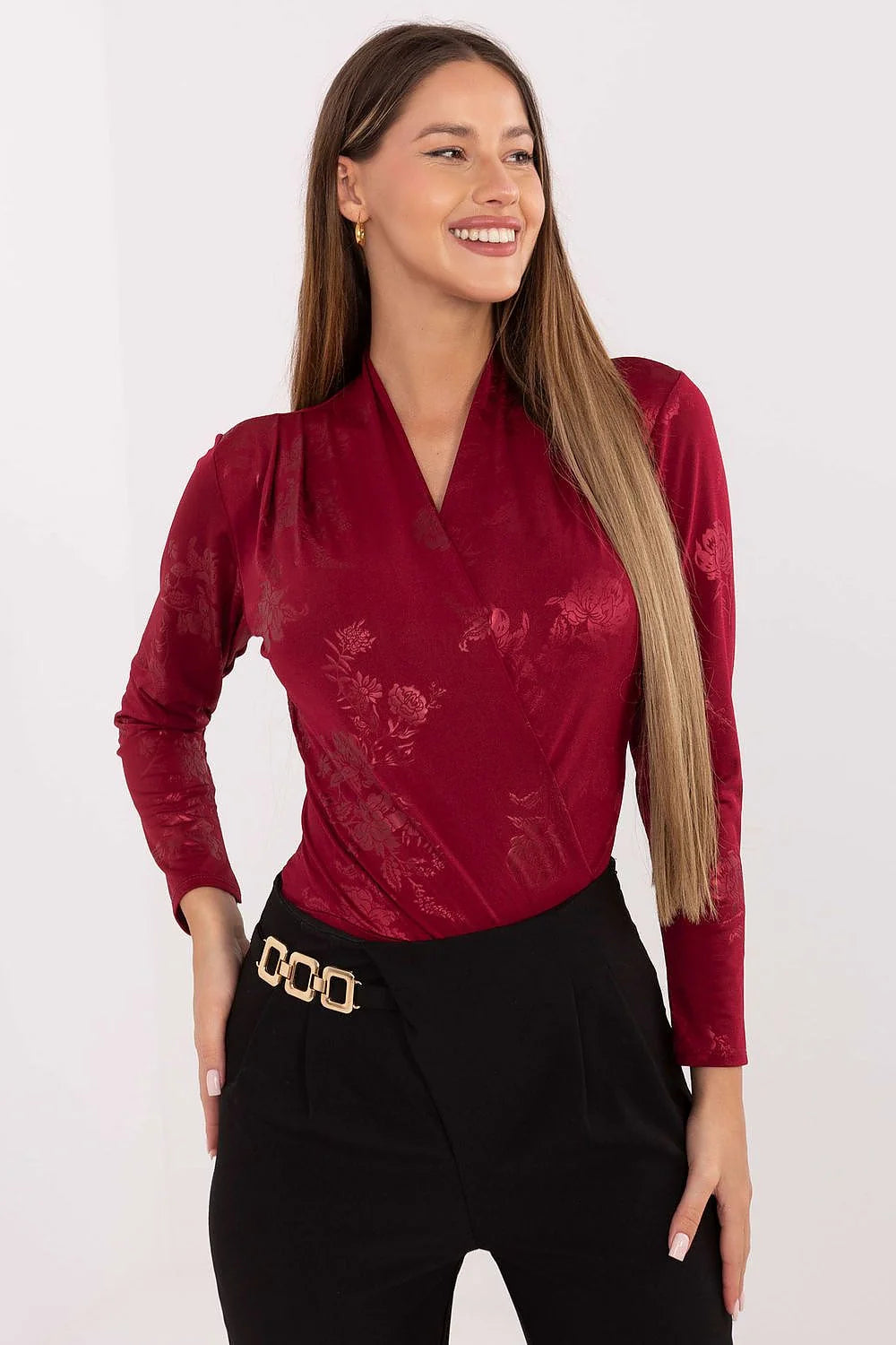 body femme manches longues col cache coeur plongeant coupe ajustée jambe haute effet galbant satinée bordeaux jacquard floral