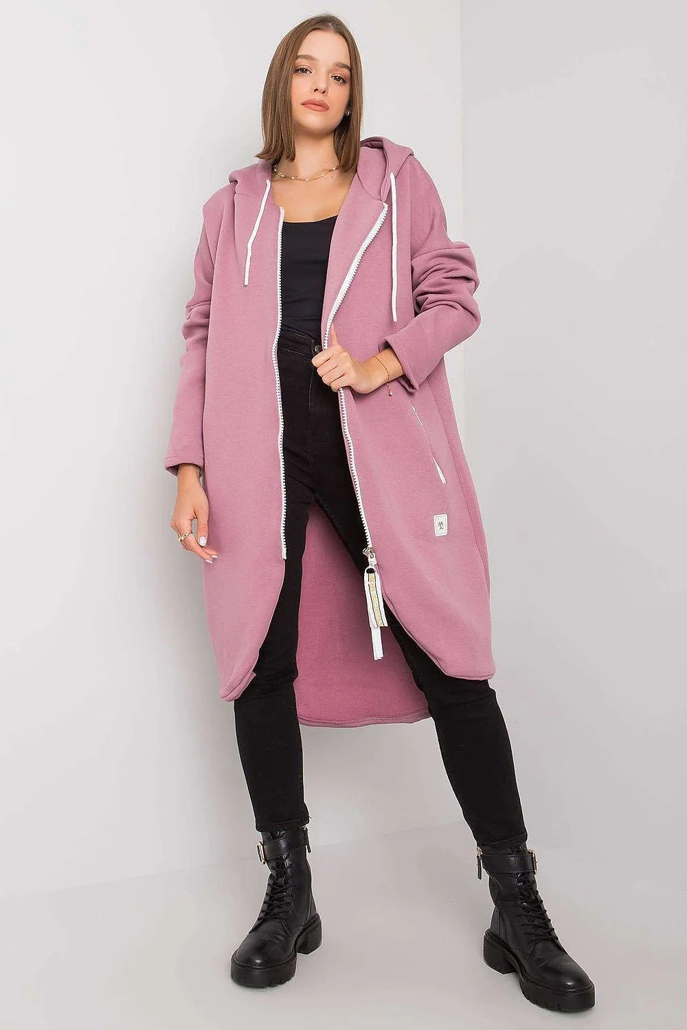 Sweatshirt pour femme coupe longline manches longues capuche fermeture éclair coton élasthanne beige sable