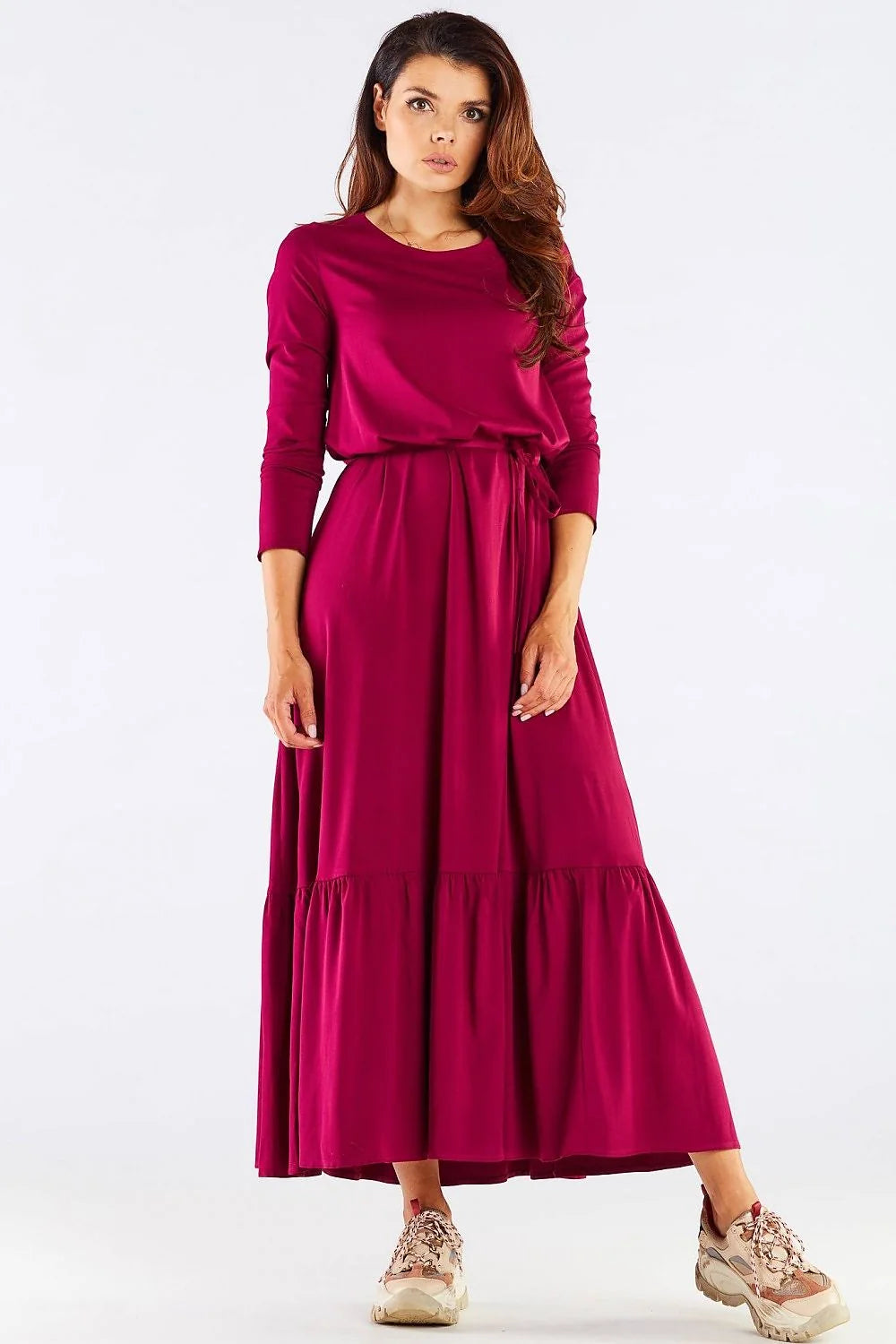 Robe longue viscose framboise élégante manches longues ceinture ajustable fluide décontractée soirée féminine moderne