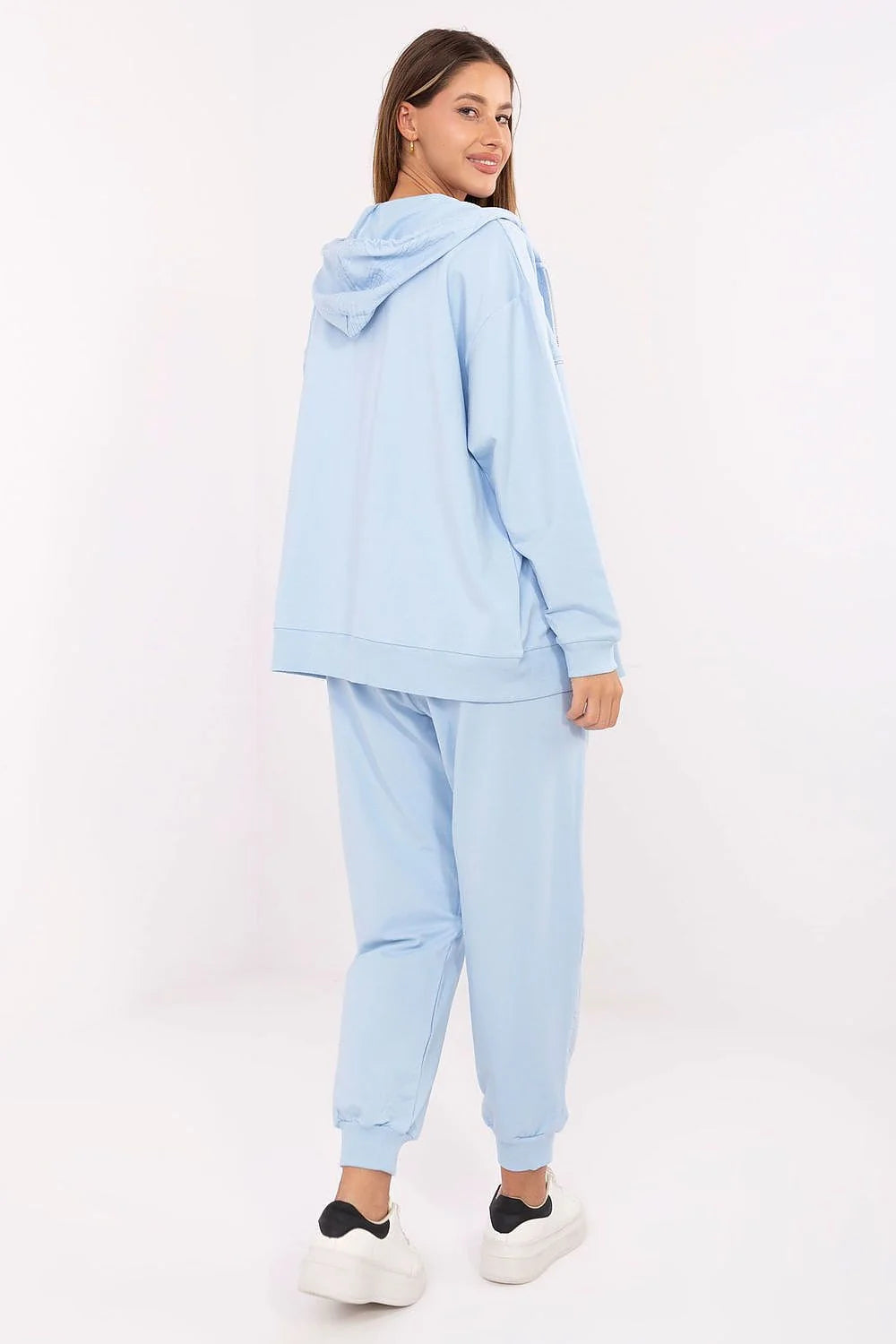 ensemble survêtement femme bleu pastel coton élasthanne molleton jersey zippé capuche poches taille haute cordon serrage zips apparents poignets côtelés