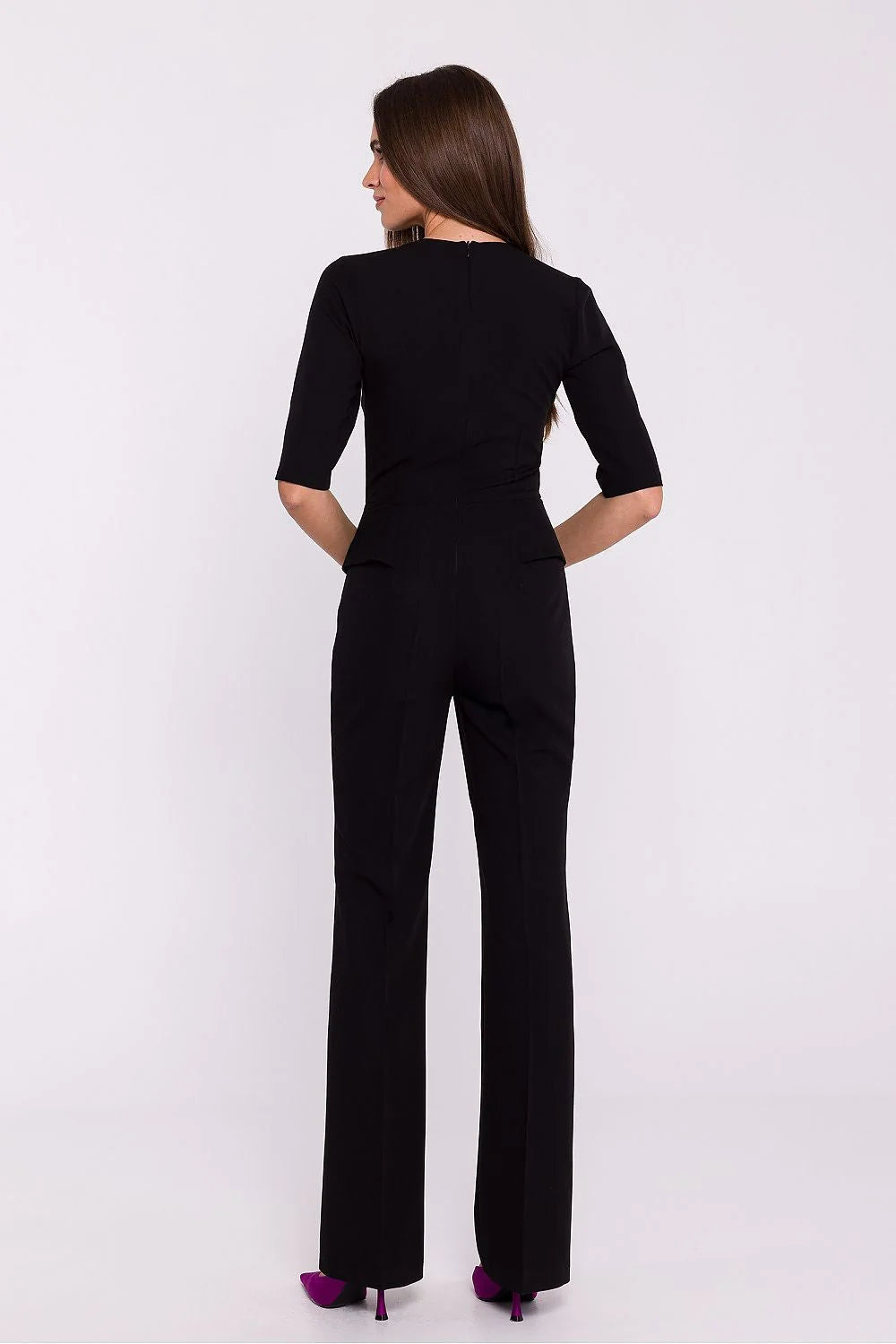 Combinaison Stylove élégante noire en polyester élasthanne encolure V manches courtes peplum taille ajustable longues évasées femmes occasionnels professionnelles