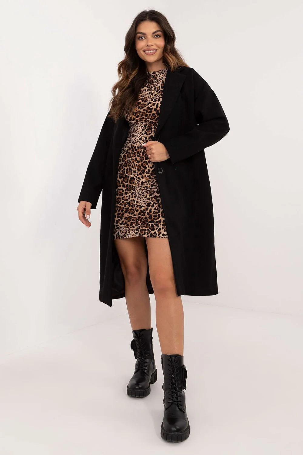 Manteau Och Bella long intemporel noir en polyester haute qualité coupe classique boutons simples doublure confortable