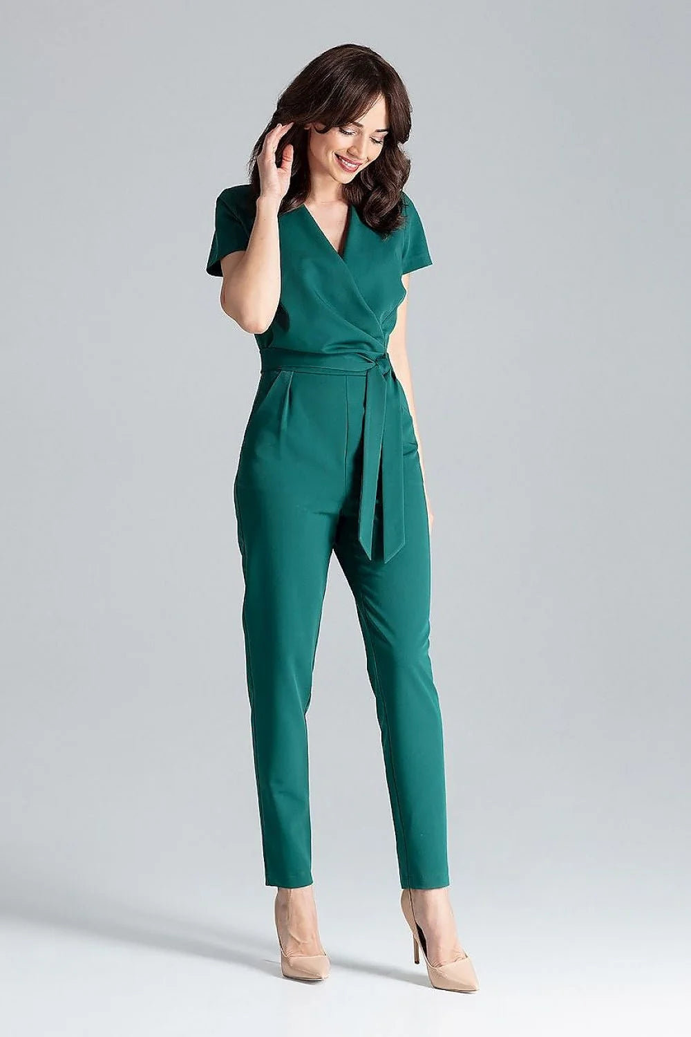 Combinaison Lenitif élégante pour femme design moderne cache-cœur manches courtes ceinture intégrée vert profond polyester viscose taille ajustable