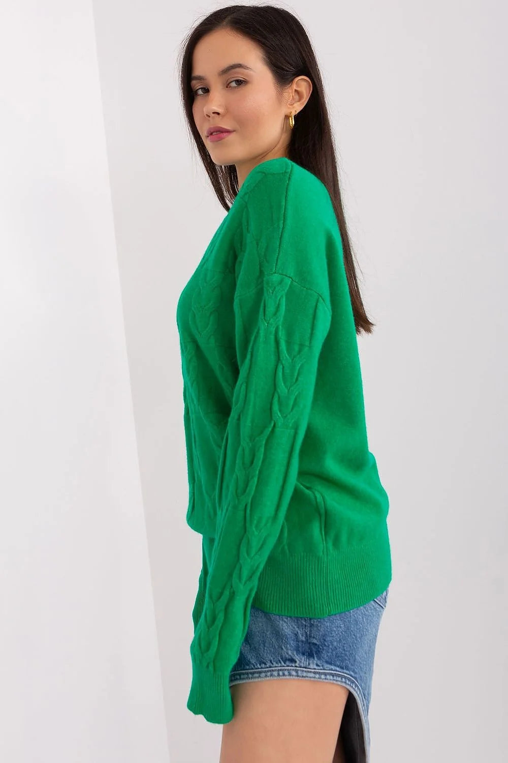 Pull femme élégant motif torsadé vert vif manches longues coupe ample finitions côtelées matière douce