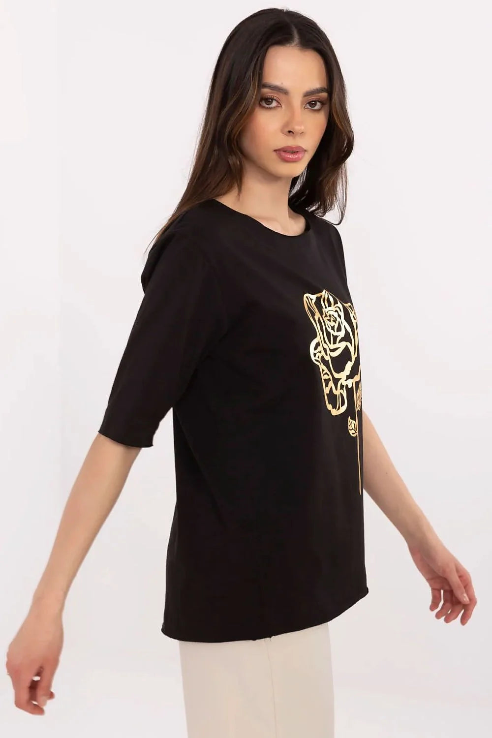T-shirt femme design floral rose dorée coton confort style moderne coupe droite manches mi-courtes
