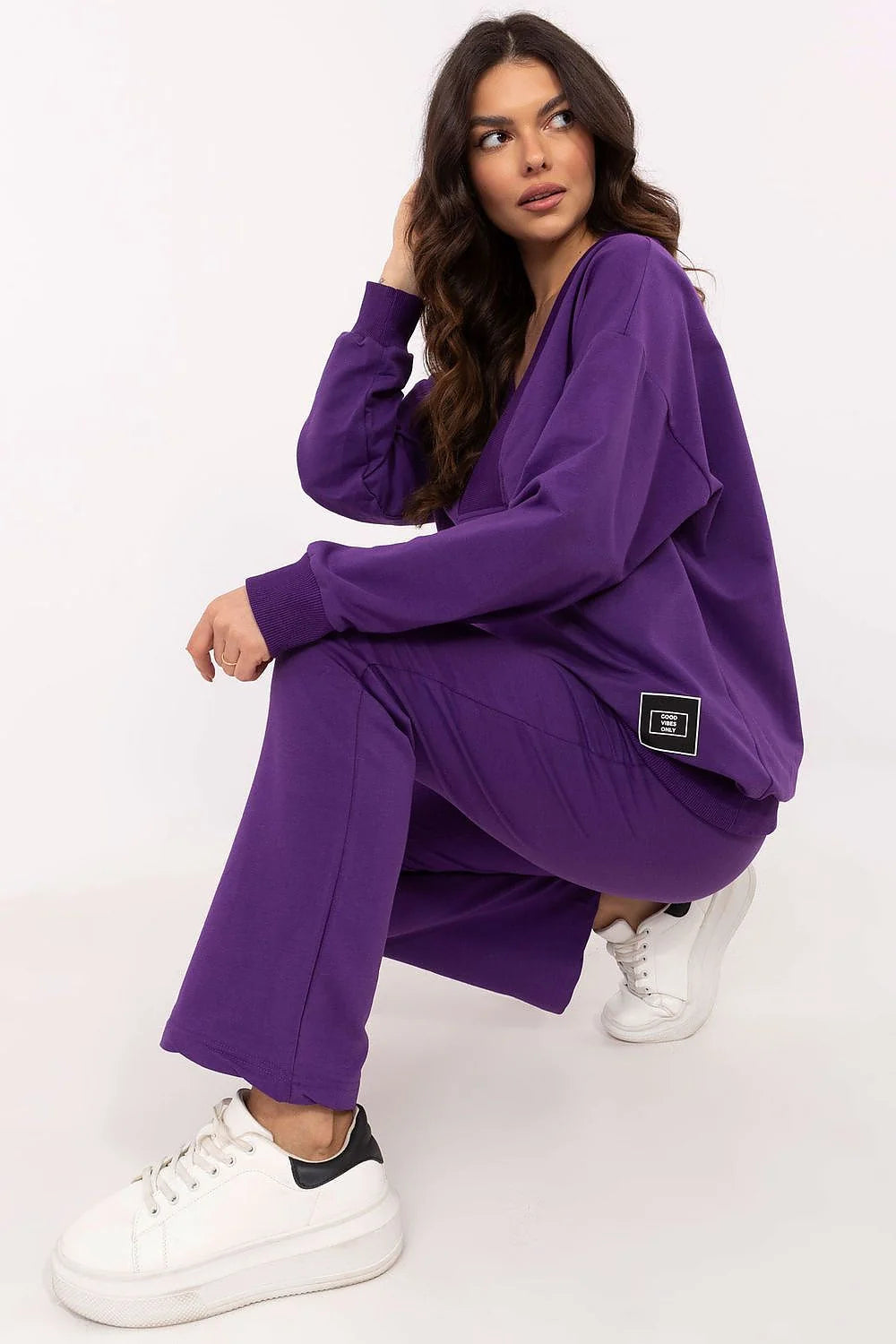 ensemble coordonné femme moderne sportchic violet vif coton élasthanne confort doux oversize colV manches bouffantes pantalon droit taillehaute ceinture élastique