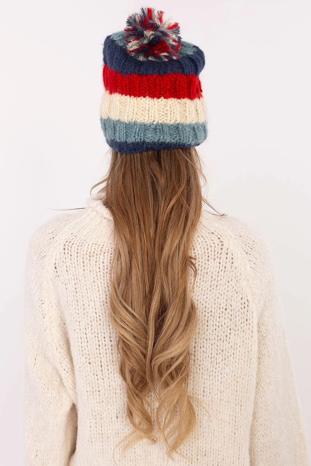 Bonnet d'hiver pour femme tricoté côtelé élastique pompon tricolore couleurs vives doux chaud style casual