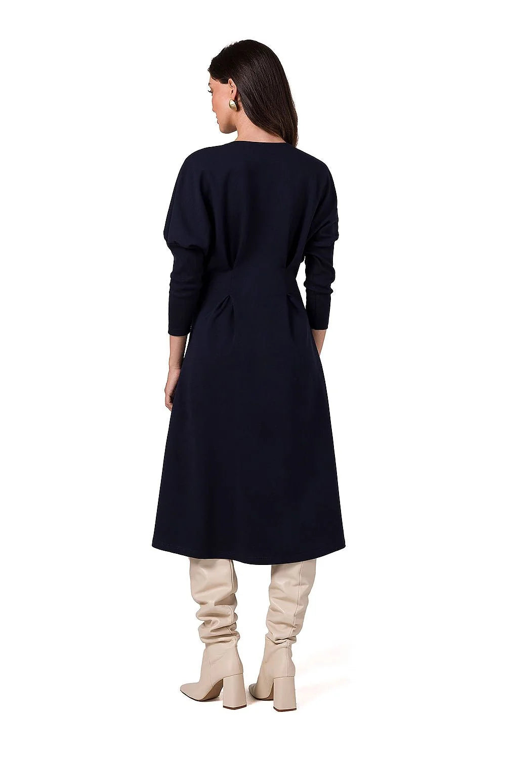 Robe de jour élégante Be Wear en maille douce couleur bleu marine manches longues encolure V taille cintrée pour femme