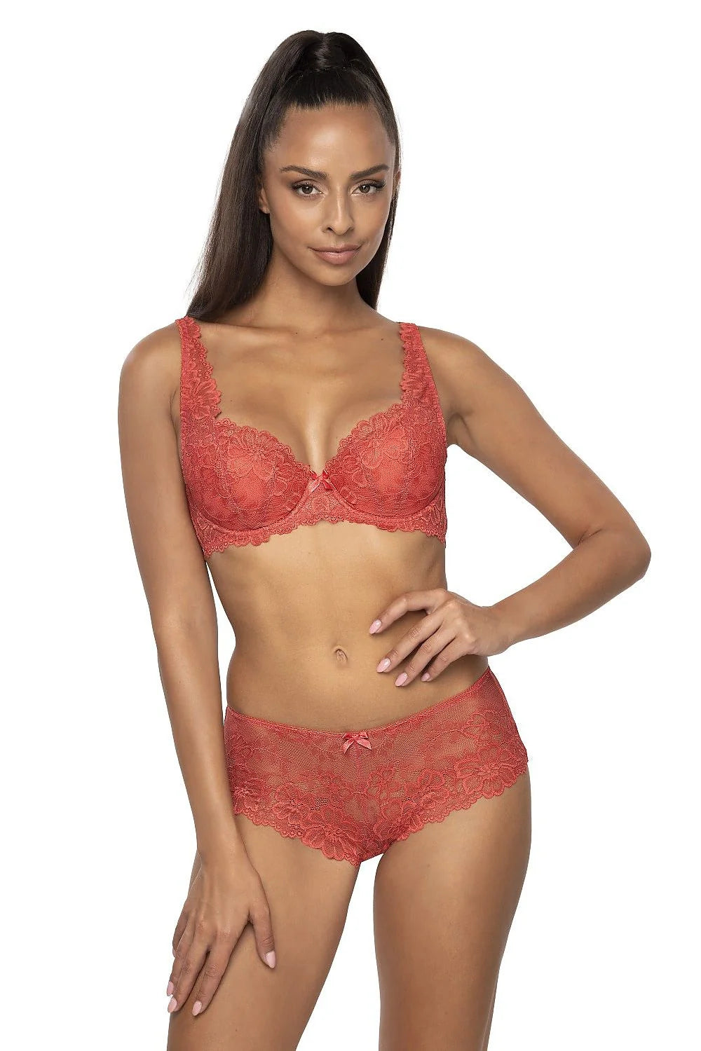 soutiengorge rembourré balconnet armatures pushup dentelle corail fleurie bretelles réglables feston nœud satin doublé confortable maintien renforcé glamour soirée quotidienne