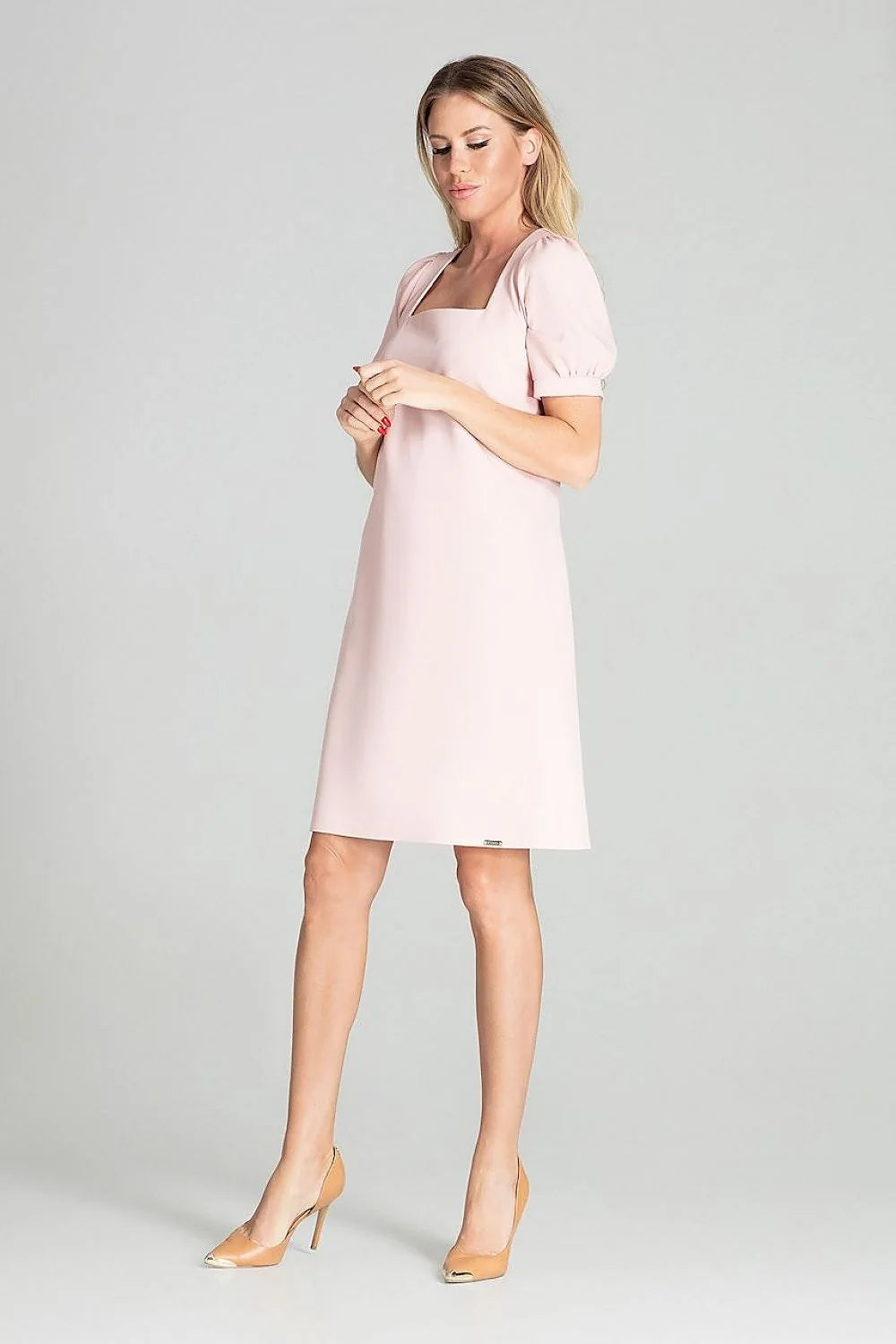 Robe élégante polyester bleu coupe droite genou manches courtes puffed femme style moderne sophistiqué