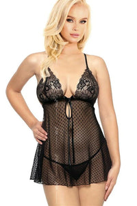 Nuisette sexy élégante noire dentelle florale manches épaules fines ajustables tulle pois nœud satin noir string assorti femme
