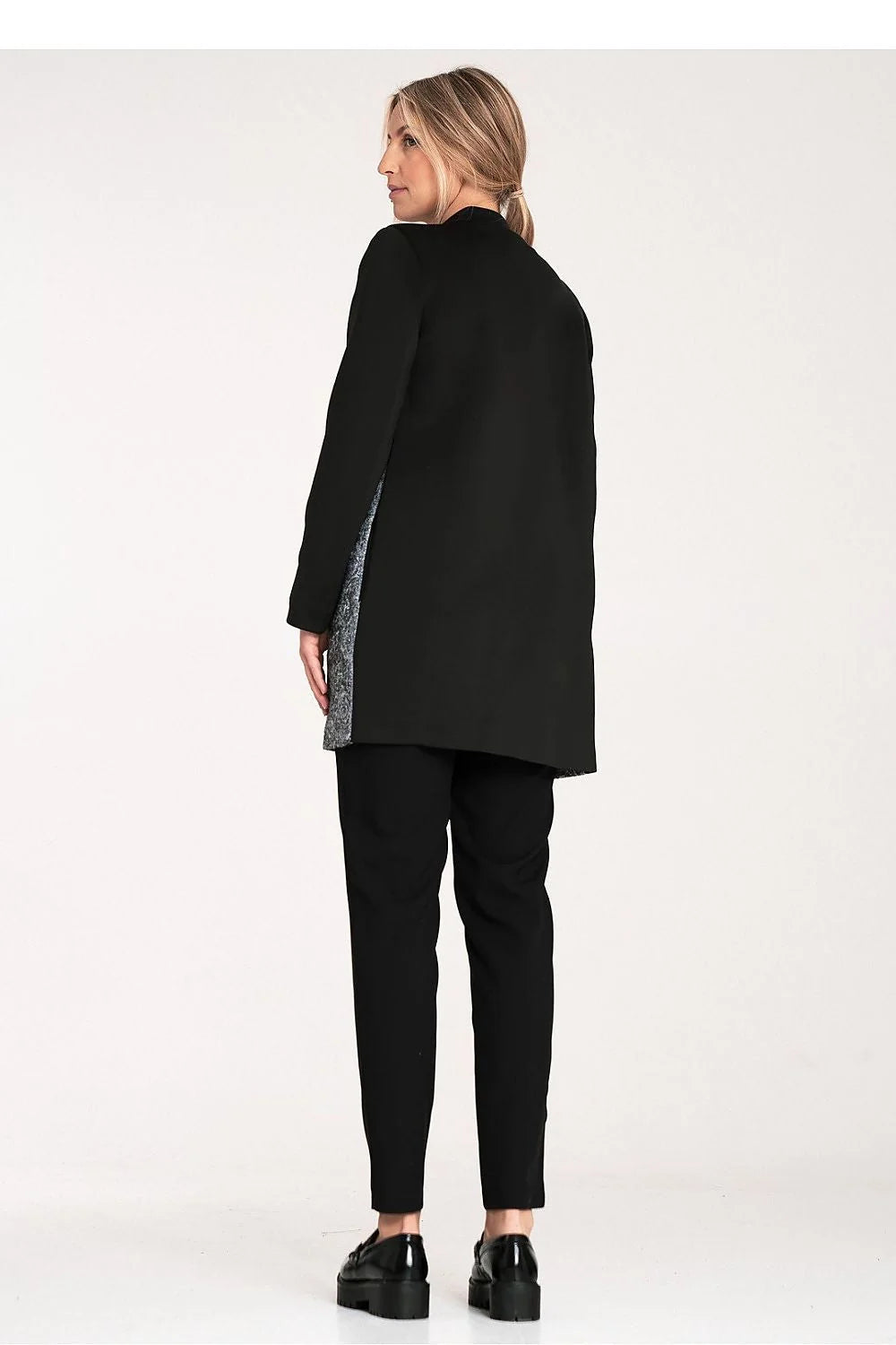 manteau Figl femme mi longue zippée col bomber jacquard gris floral manches noires fermeture éclair dorée poches latérales coupe droite