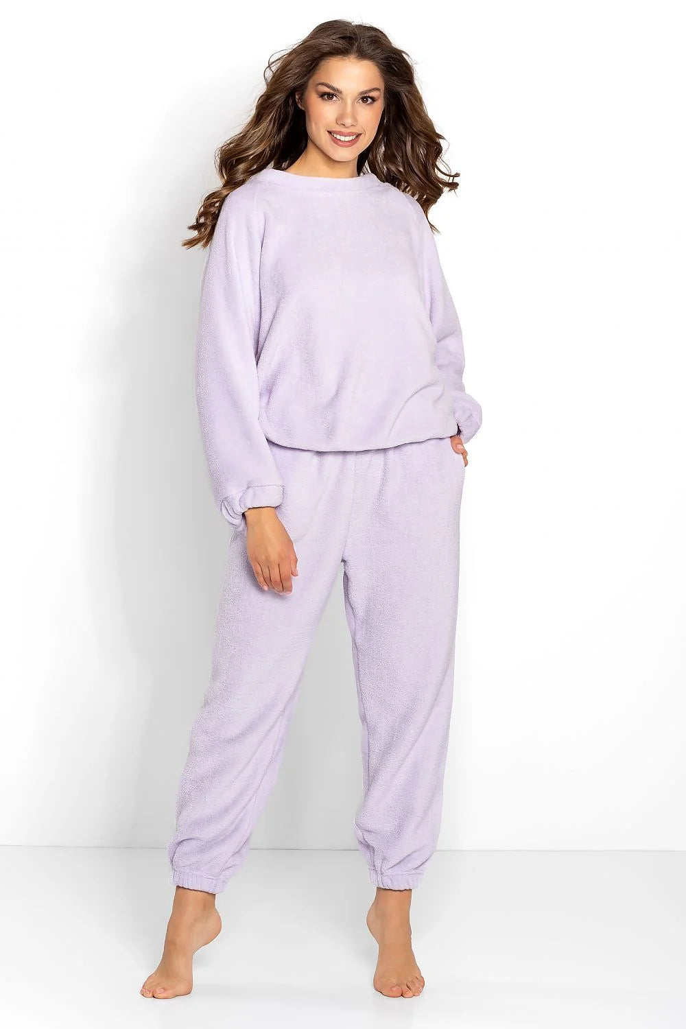 Ensemble détente pour femme polaire douce couleur lilas pastel manches longues taille élastique confort maison