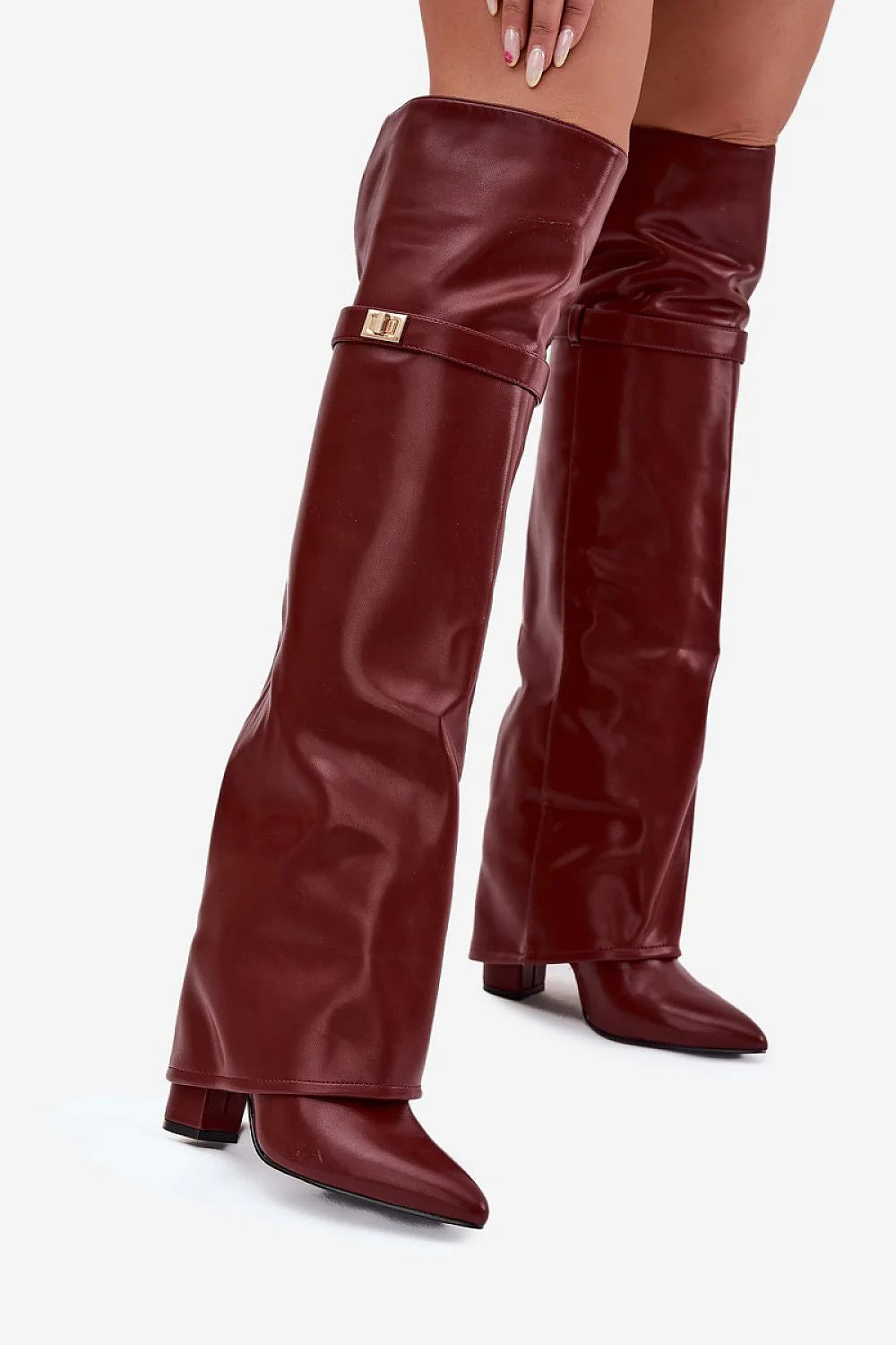 cuissardes similicuir bordeaux tige haute cuisse coupe effet froncé maintien souple bout pointu talon bloc confortable bride boucle