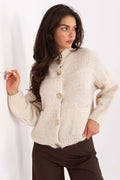 cardigan femme oversize court écru maille duveteuse mohair laine mélangée coupe cocon col montant gros boutons dorés sculptés