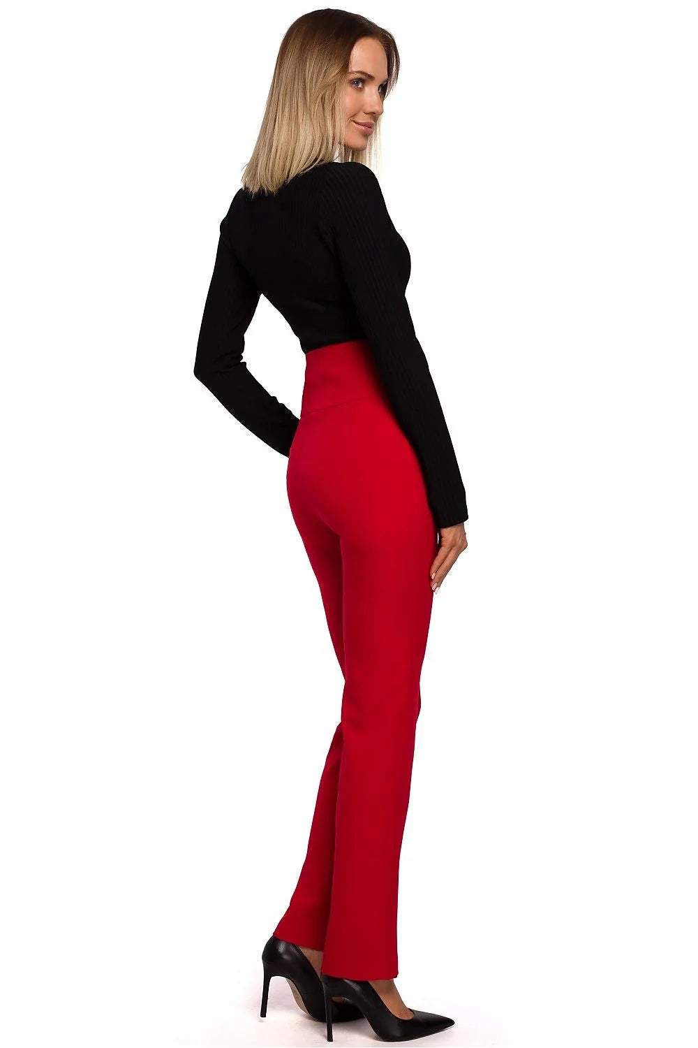 Tenue femme élégante chic en polyester élasthanne pantalons taille haute boutons dorés modernes