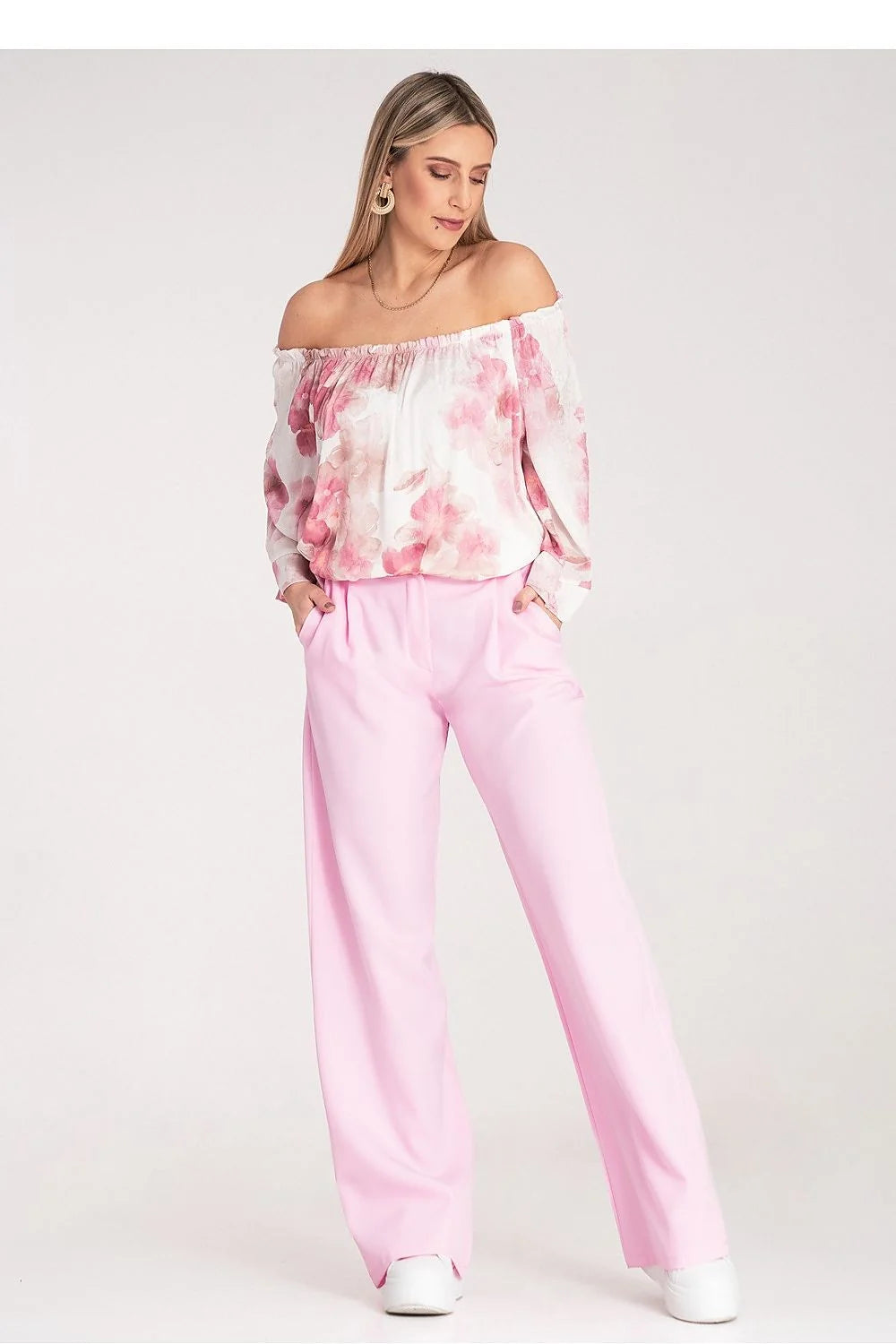 pantalon femme Figl élégant confortable taille haute coupe droite ample élastique arrière poches latérales polyester élasthanne rose pastel