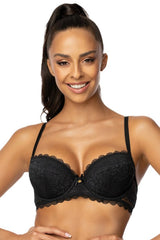 Soutien-gorge push-up dentelle florale noire balconnet rembourré bretelles réglables crochets dorés ajusté femme bonnets