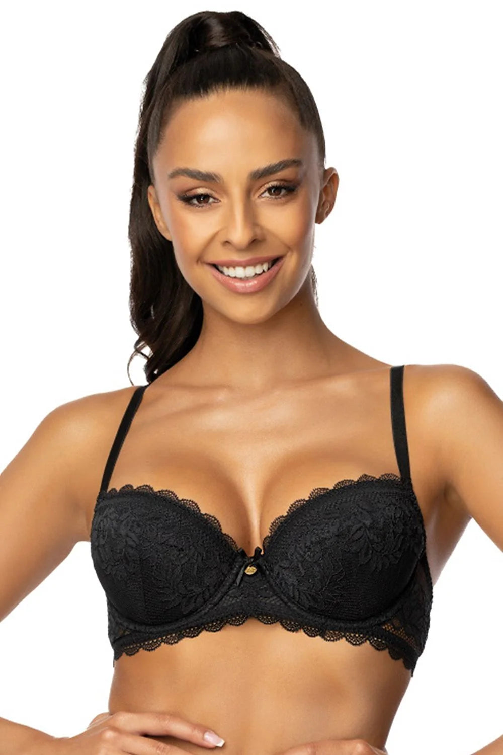 Soutien-gorge push-up dentelle florale noire ajusté femmes bonnets rembourrés bretelles réglables fermeture dos crochets dorés