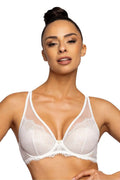 Soutien-gorge push-up femme à armatures dentelle florale élégant sophistiqué couleur blanche transparente ajustable détails métalliques confortable maintien optimal lingerie féminine