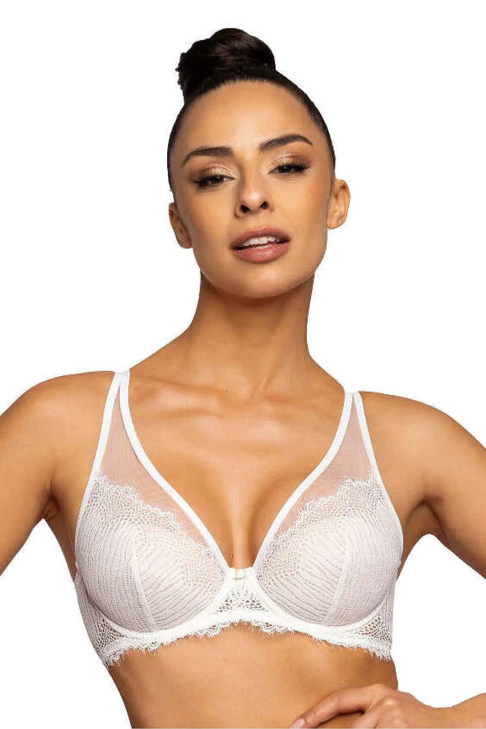 Soutien-gorge push-up femme à armatures dentelle florale élégant sophistiqué couleur blanche transparente ajustable détails métalliques confortable maintien optimal lingerie féminine