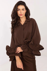 chemise manches longues dos prolongé strass motif brillant coton elasthanne polyester viscose fluide tombé souple volants poignets col classique romantique