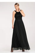 Robe de soirée élégante longue en tissu léger, noire, corsage ajusté, bretelles larges, taille cintrée, polyester 95% elasthanne 5% femme