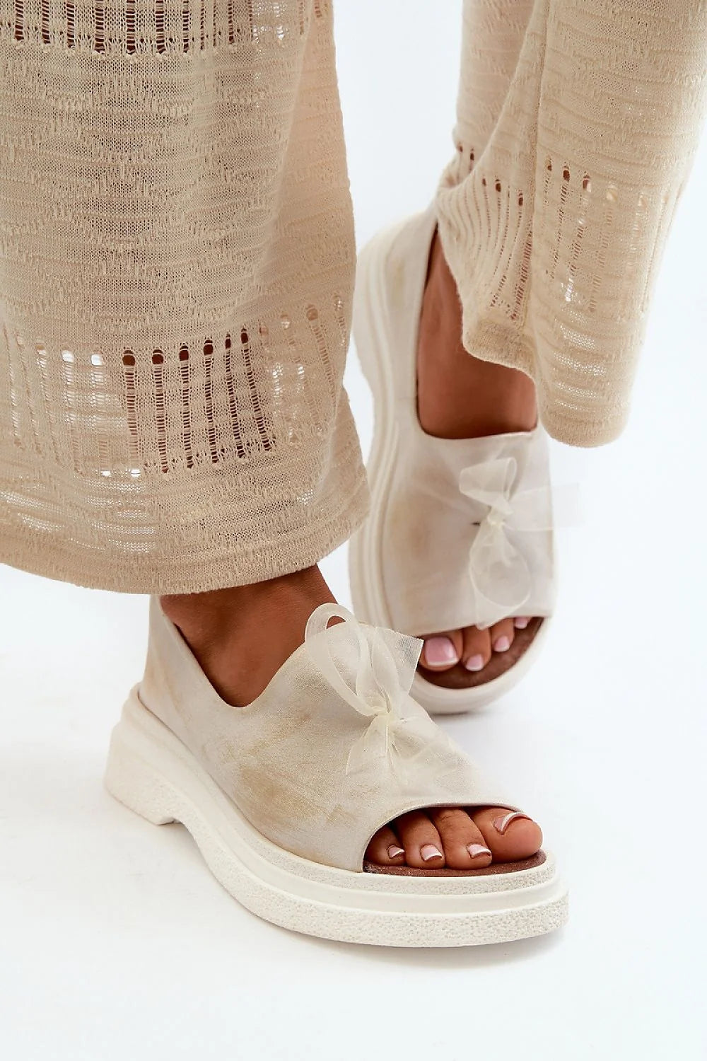 Sandales en cuir naturel pour femmes, style mule ouverte, semelle épaisse, nœud décoratif, beige clair, été 2023