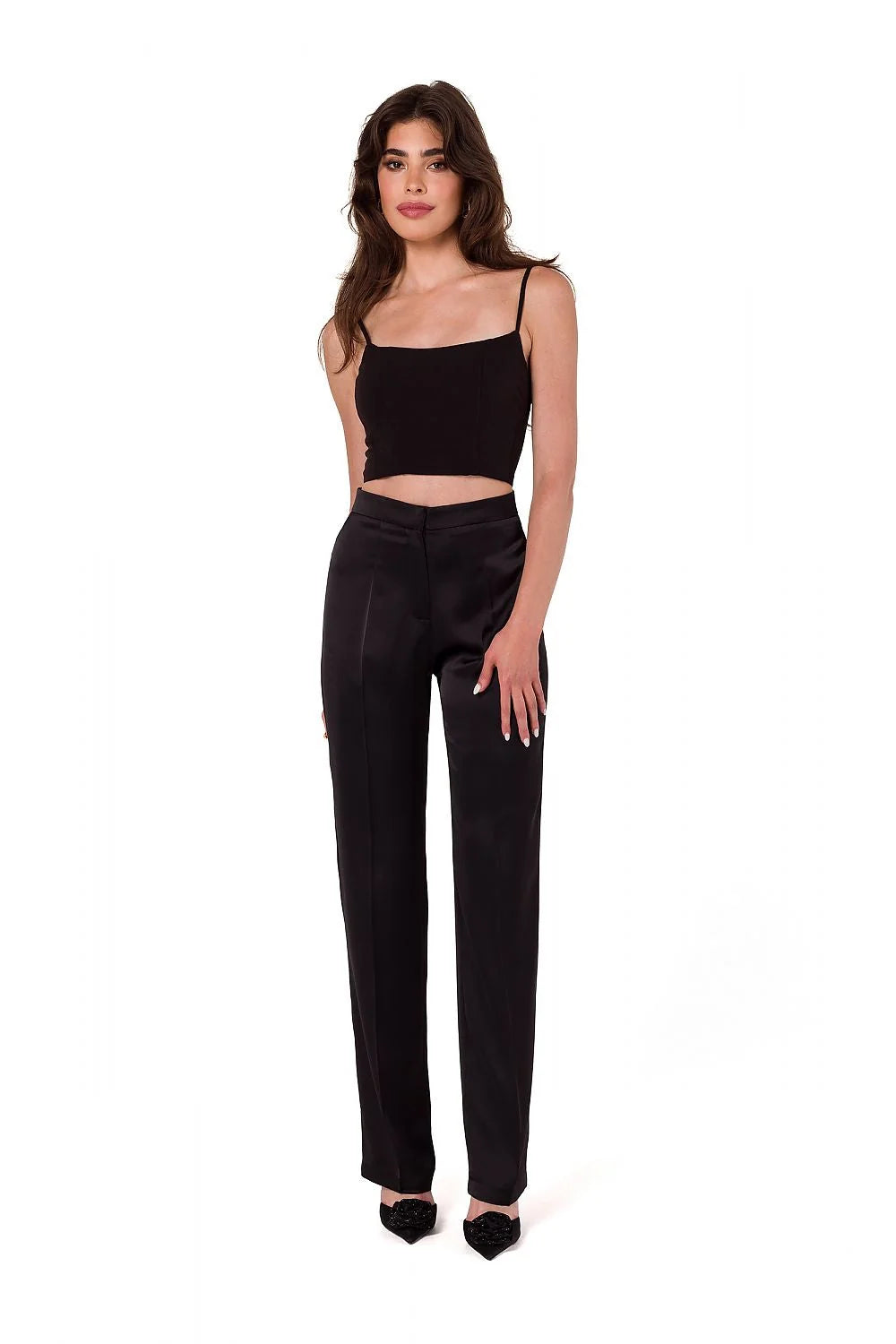 Pantalon femme Makover élégance confort satin taille haute coupe droite ceinture intégrée noir pologne fabrication haute qualité