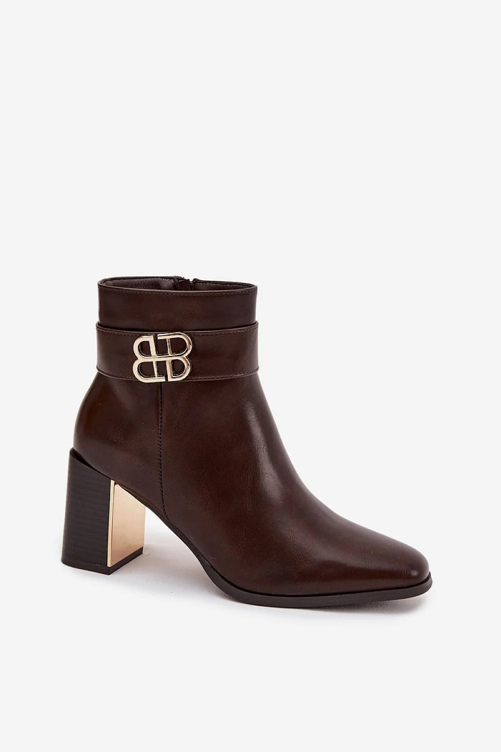 bottines femme cuir artificiel marronfoncé coupecheville boutpointu fermeture éclair talon bloc mihaut insertmétallique doré bride boucledouble chic contemporain
