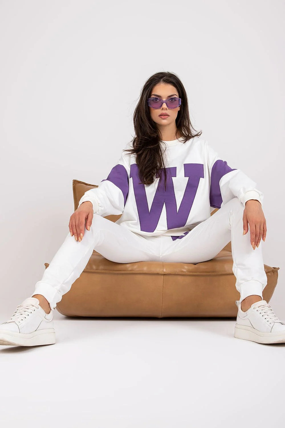 Ensemble Fancy pour femme sweatshirt manches longues pantalon slim taille élastique coton élasthanne blanche orange tendance mode