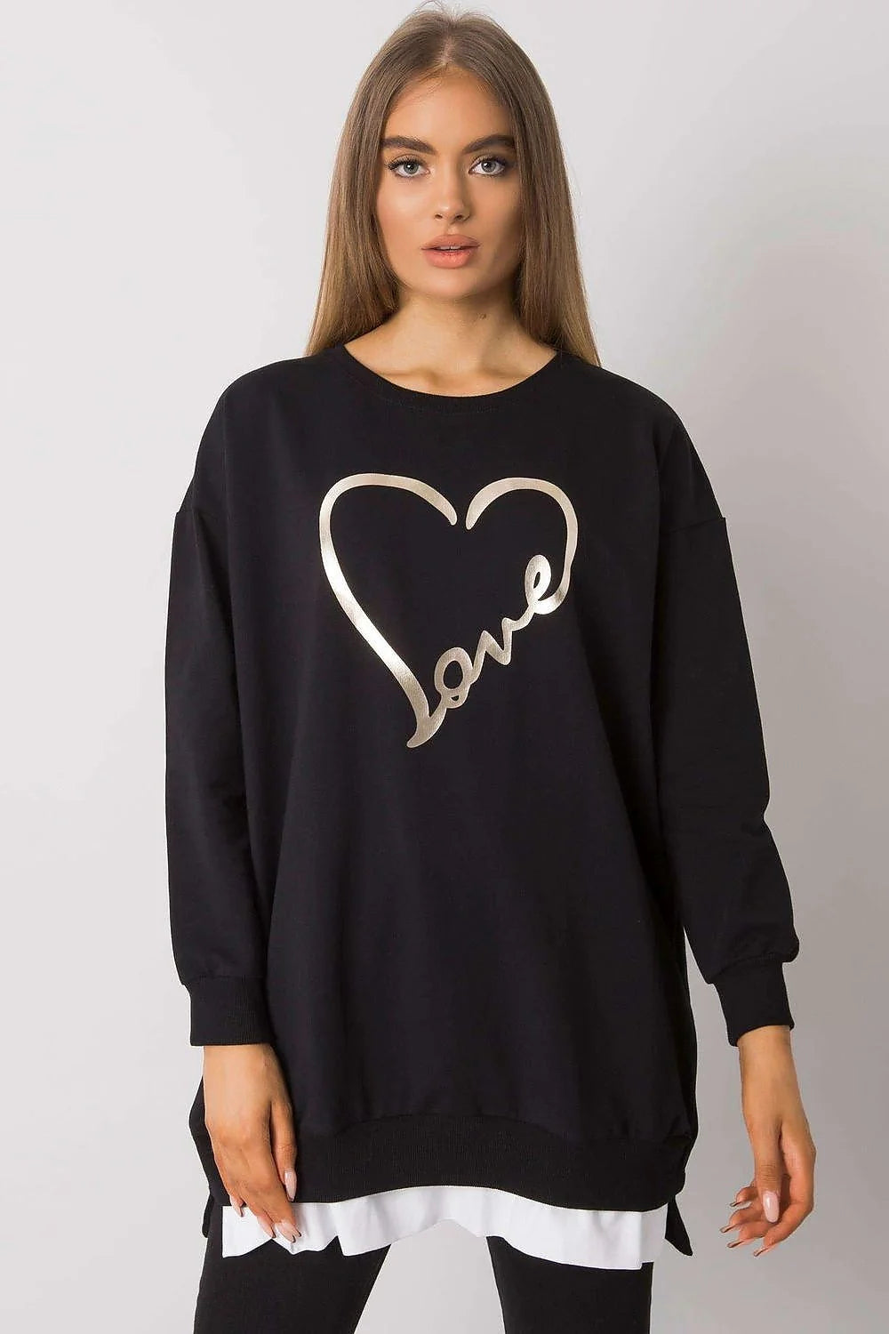 Sweatshirt femme design cœur love doré beige rosé coton polyester manches longues encolure ronde coupe ample