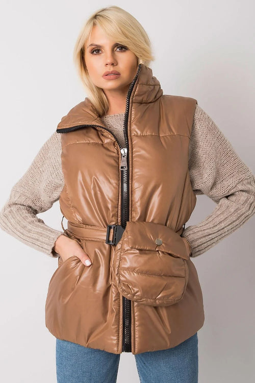 Gilet matelassé marron caramel polyester décontracté élégant fermeture éclair poches ceinture intégrée femme automne-hiver