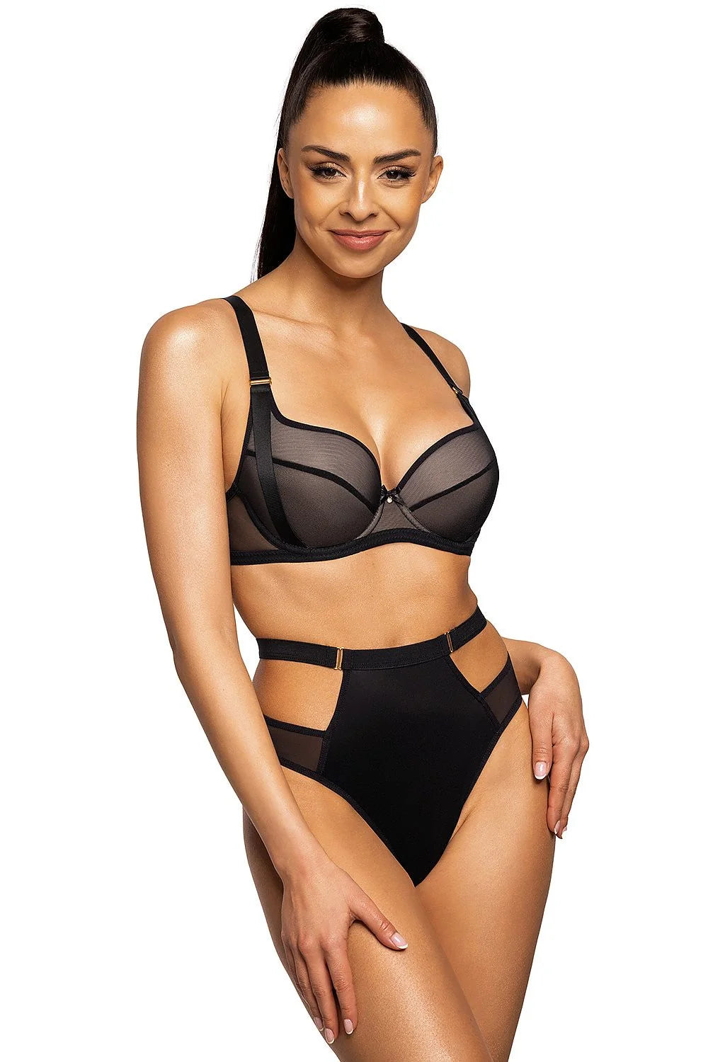 Soutien-gorge push-up élégant en maille noire avec détails dorés, nœud décoratif et inserts grossissants amovibles pour femmes