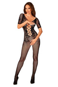 Bodystocking Obsessive en résille noire avec motifs floraux, manches courtes, laçage central, élasthanne nylon, lingerie sexy, ajusté