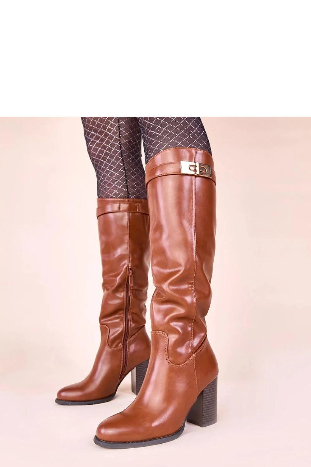 bottes femme hautes cognac cuir synthétique lisse froncée mollet bout rond talon bloc empilé bride boucle dorée