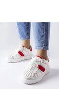 baskets femme blanches rouges similicuir tissu semelle épaisse crantée antidérapante plateforme basse lacets plats languette frangée col rembourré urbain