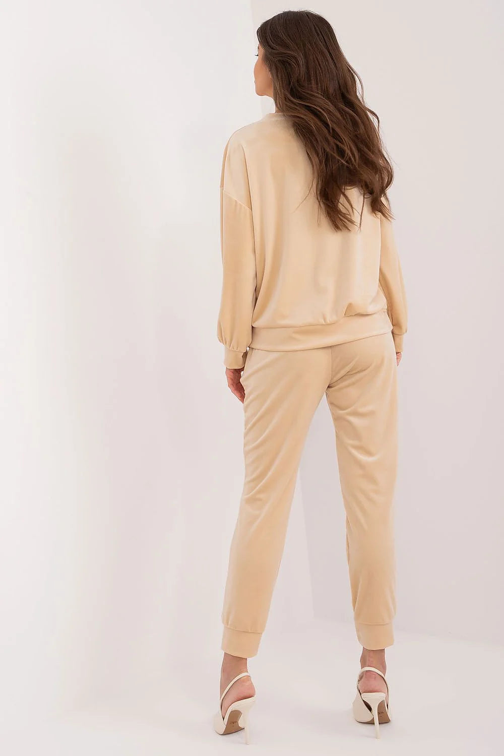 Ensemble Italy Moda pour femme en velours beige clair manches longues coupe ample pantalon droit élastique taille ajustable style chic confortable