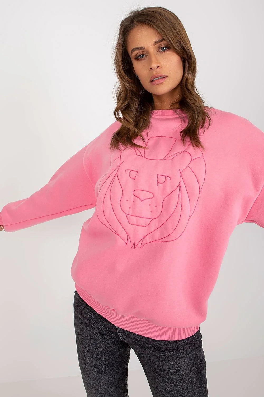 Sweatshirt pour femme moderne couleur orange vif coupe ample manches longues broderie lion coton polyester 70/30