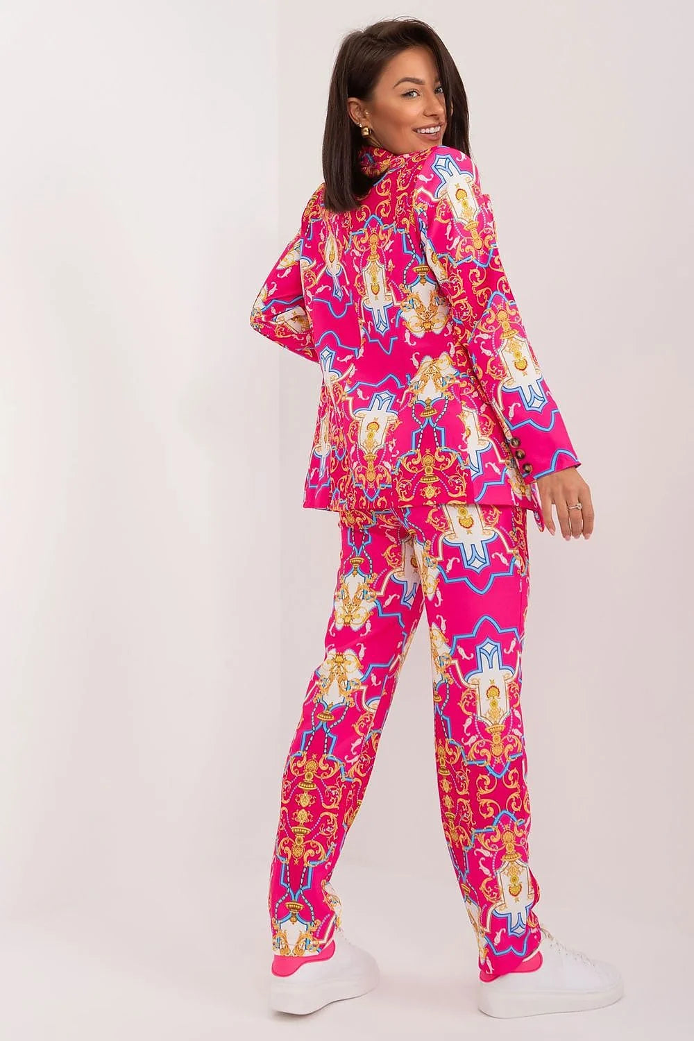 Costume femme élégant coupe droite veste deux boutons pantalon taille haute motifs multicolores polyester occasion spéciale