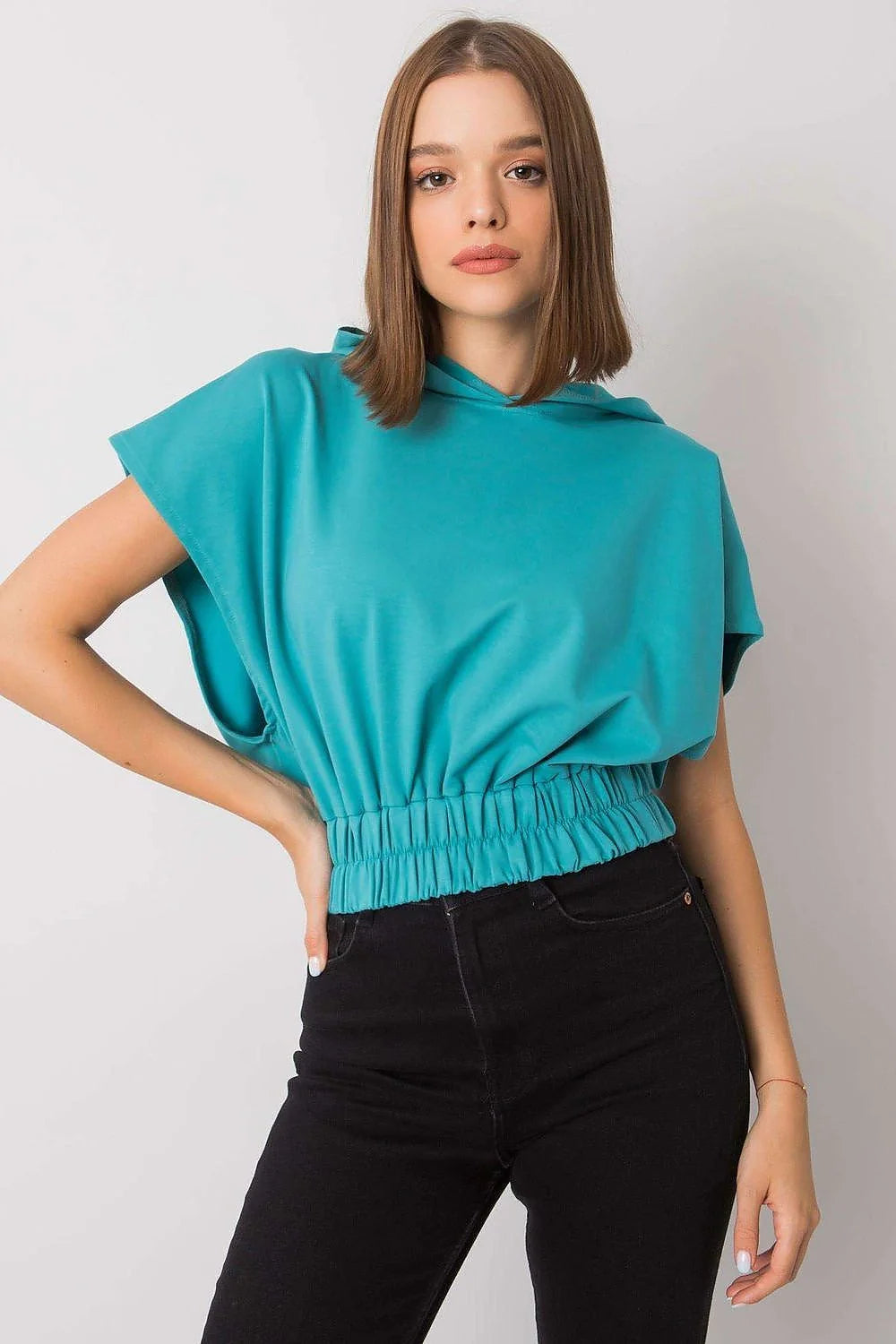 Sweatshirt femme Fancy style moderne couleur turquoise large manches courtes capuche élastique coton polyester