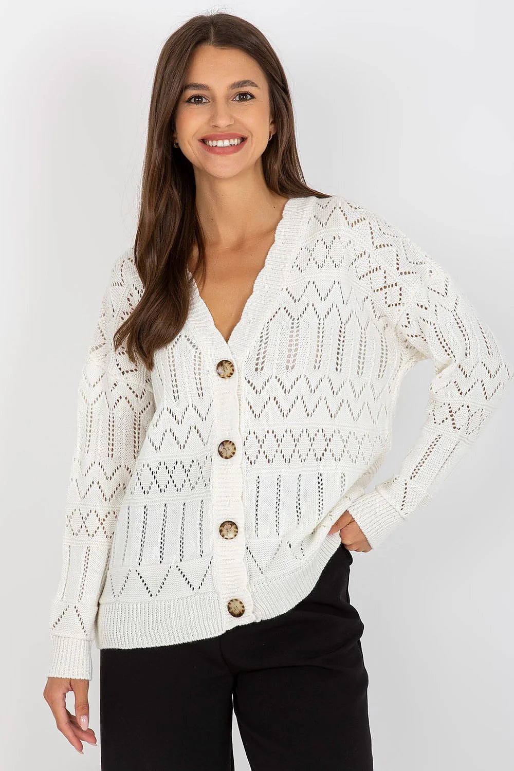 cardigan femme maille ajourée pointelle ivoire gilet boutonné colV coupe relaxed oversize tricot léger bordures côtelées boutons écaille