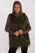 Gilet long en fausse fourrure vert olive sans manches texture duveteuse coupe droite ample pour femmes