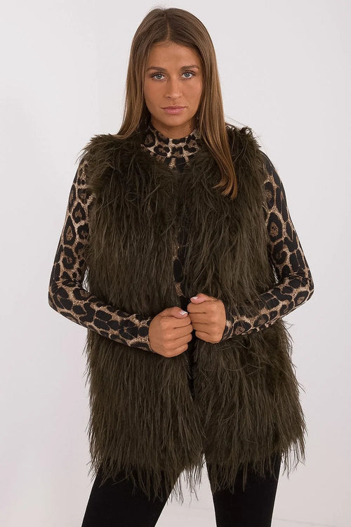 Gilet long en fausse fourrure vert olive sans manches texture duveteuse coupe droite ample pour femmes