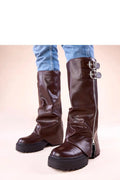 bottes plateforme chocolat Ridica cuir synthétique mi mollet revers boucles argentées biker urbain semelle crantée plate 5cm confortable durable chaude