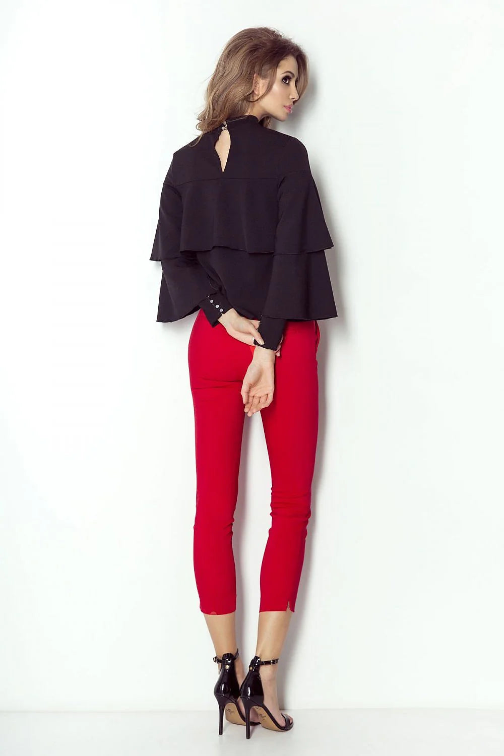 Chemisier noir en polyester moderne chic volants manches longues col montant automne tendance femme élégante