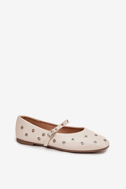 ballerines Mary Jane femme cuir synthétique beige crème bout pointu semelle plate talon bas bride réglable boucle œillets argentés