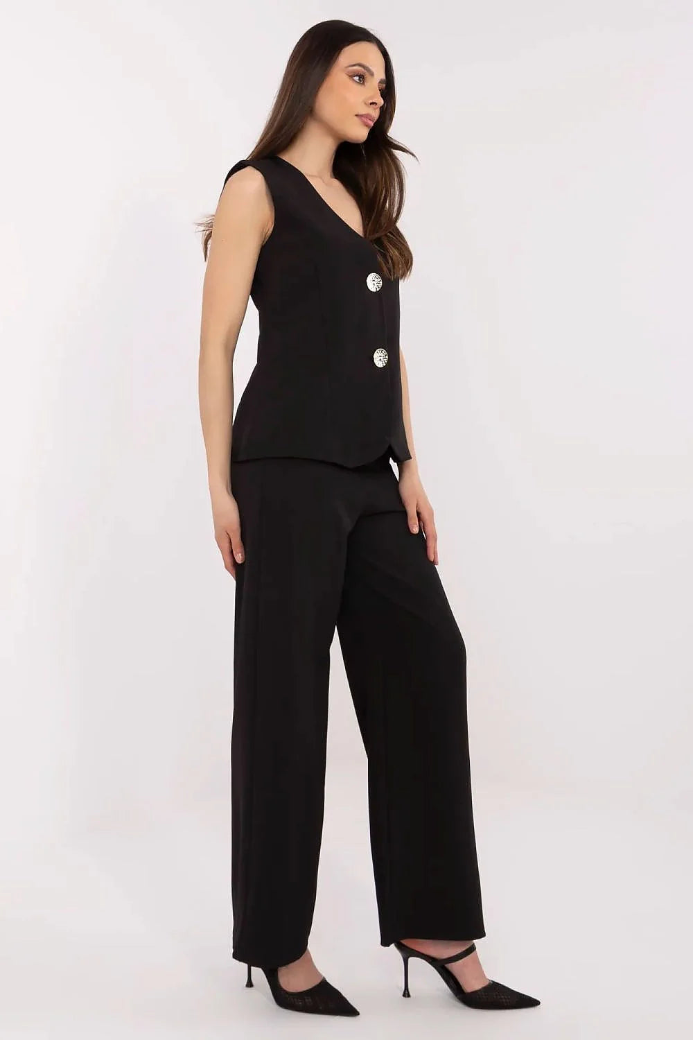 ensemble Italy Moda femme noir tailleur gilet colV profond boutons dorés pantalon large taille haute fluide élégant professionnel confortable stretch